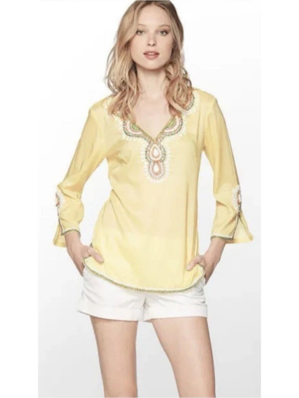 Lilly Pulitzer Braydon Beaded Sequin Embellished Tunic Top Yellow Sz L Blouse